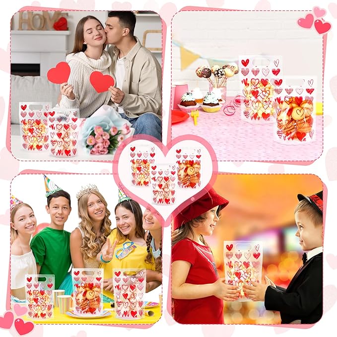 Blosssound 25 Pcs Valentine's Day Gift Bags Valentines Standing Plastic Reusable Red Heart Bag with Handles Galentines Day Wrapping Pouch for Classroom Wedding Birthday Party Favor (Mixed Valentines)