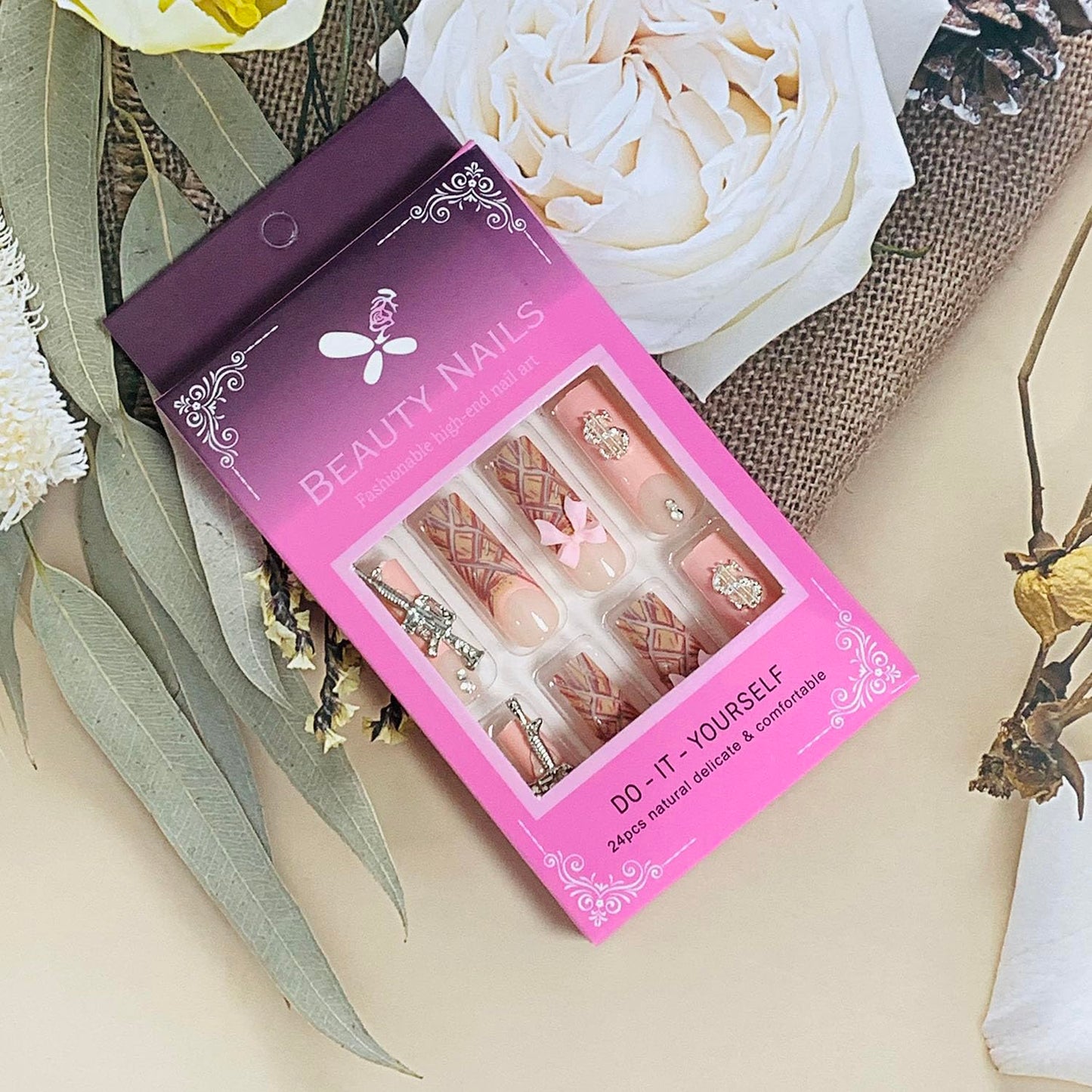 FIEONCIY Press on Nails Coffin Long Length Acrylic Glossy Full Cover Square Shaped French False Nails with Designs Artificial Extra Long Fake Nails with Charms Glue ons Fingernails for Women(AA106)