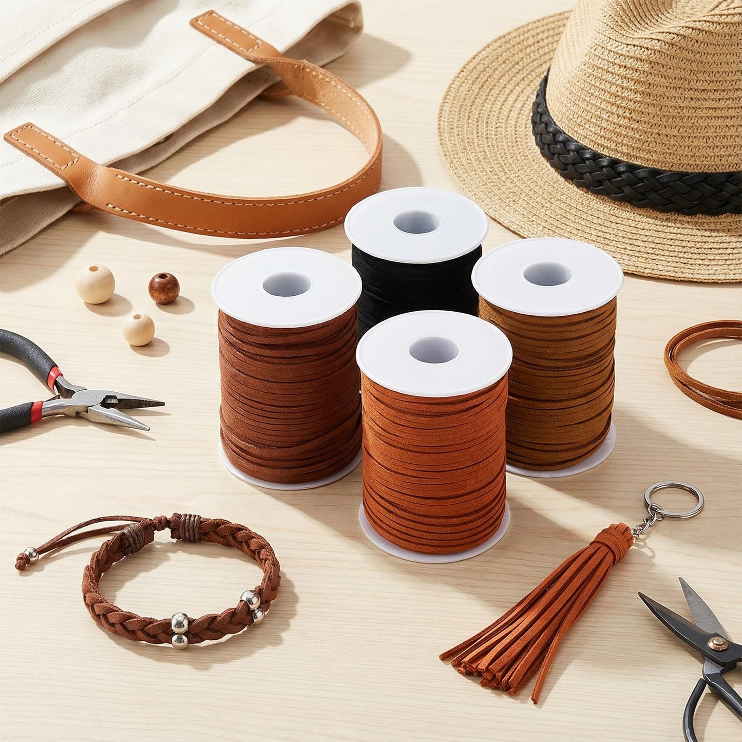 4 Rolls Flat Suede Cord for Jewelry Making, Thin Leather Shoe Laces Strips Ribbon, Faux Leather Strings for Crafting Necklaces Bracelets Tassels Dream Catchers (3mm, 200 Yards)
