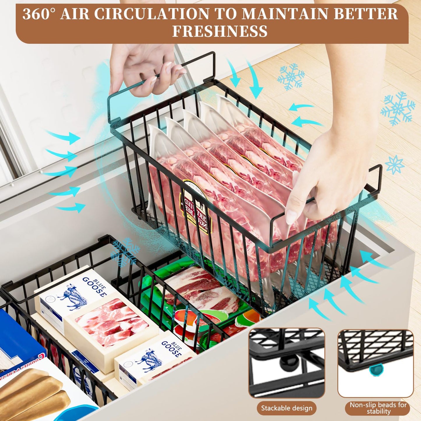 ANJUBAN Enhanced Leak-Proof Bottom - Freezer Organizer Bins ,4 Pack Stackable Deep Freezer Organizer Bins for 7 Cu.FT Small Chest Freezer,organization and storage,pantry organizers(4 Pack-black)