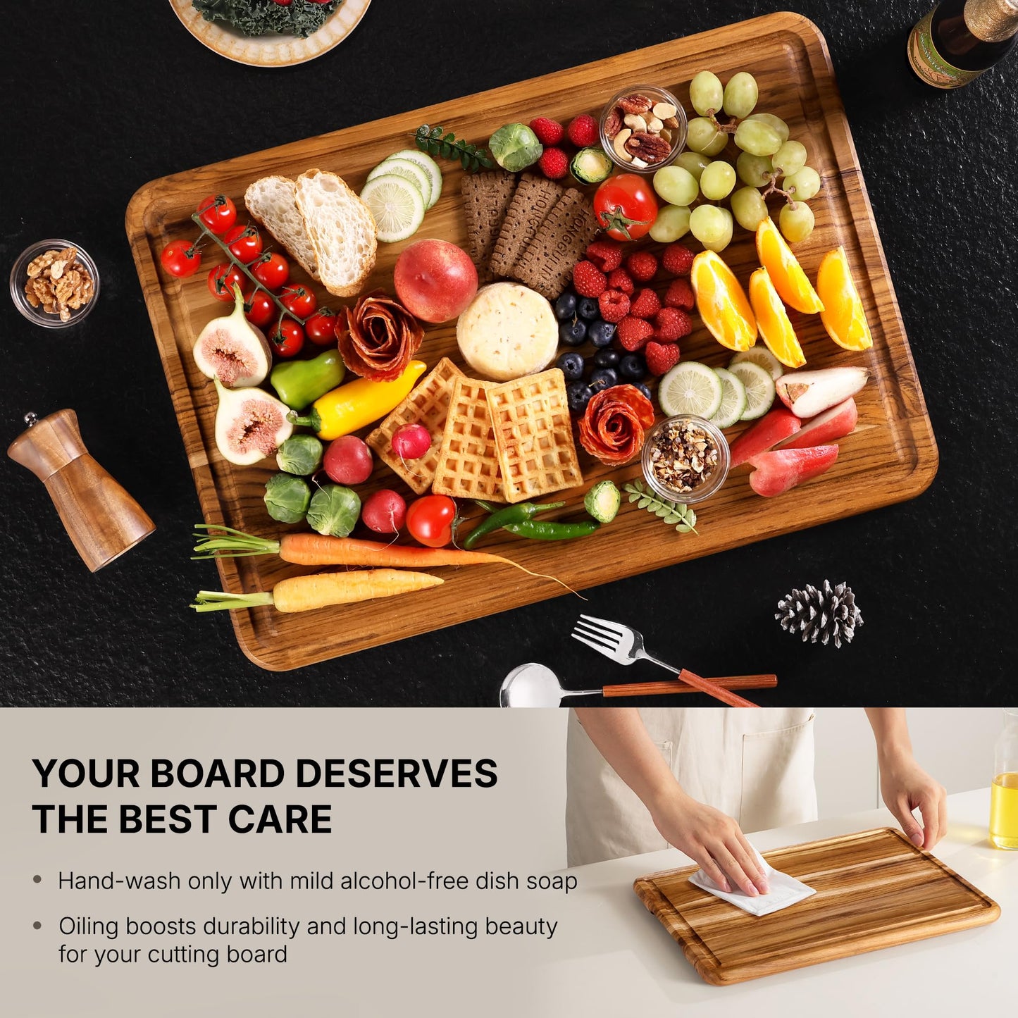4 Pack Teak Cutting Board Set for Kitchen Heavy Duty Non Toxic Non Slip Solid Thick Wood Haus Chopping Board Extra Large Big Small Meat Best Wooden Charcuterie Board