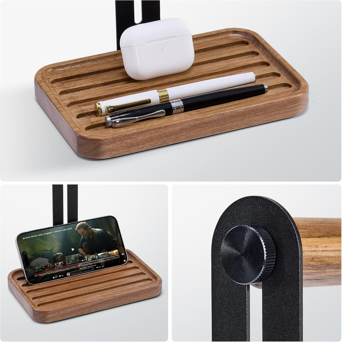 Headphone Holder For Desk,Desk Headphone Mount Rack,Headphone Stand With Storage Base,Accessories Managment,Solid Wood,Matte Black