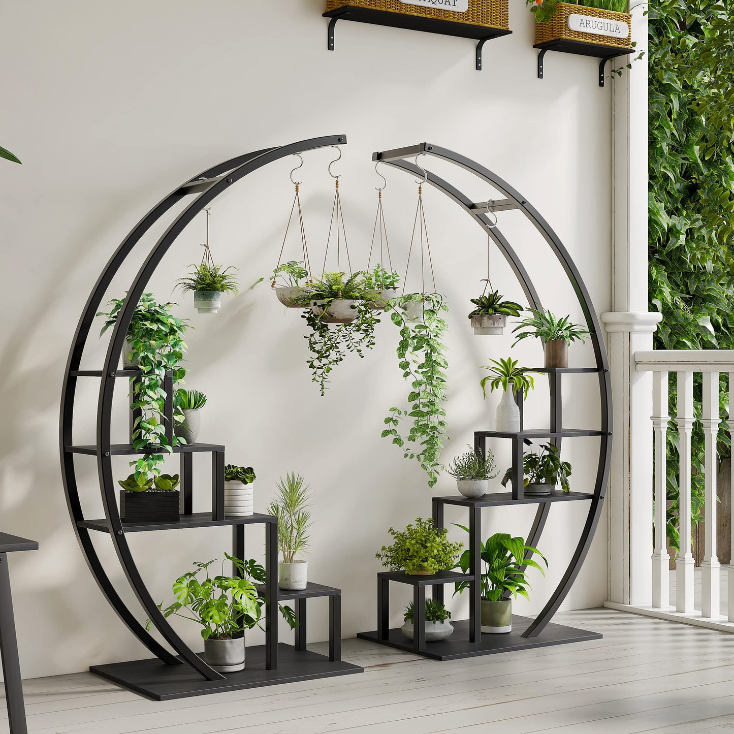 GarveeLife Plant Stand Indoor 5 Tier Tall, Metal Half Moon Plant Shelf 2 Pack, Stylish Tiered Flower Rack for Multiple Plants Display, Tall and Space-Saving Design