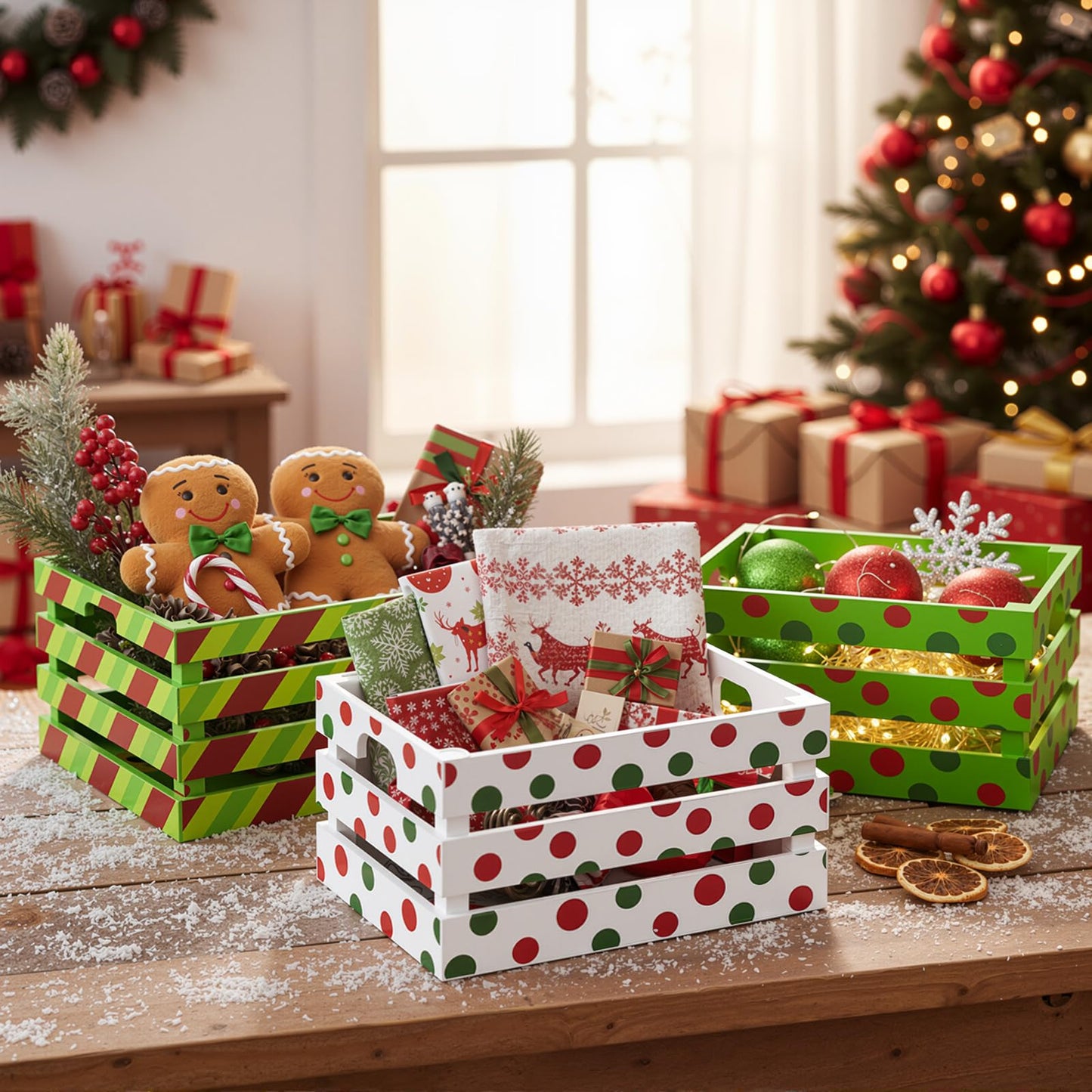 Novabright 3 Pcs Christmas Wood Crates 13'' 11'' 9'' Decorative Rustic Nesting Crate with Handle Farmhouse Wood Storage Basket Gift Boxes for Winter Display Candy Craft Pet Holiday Decor(Clean Style)