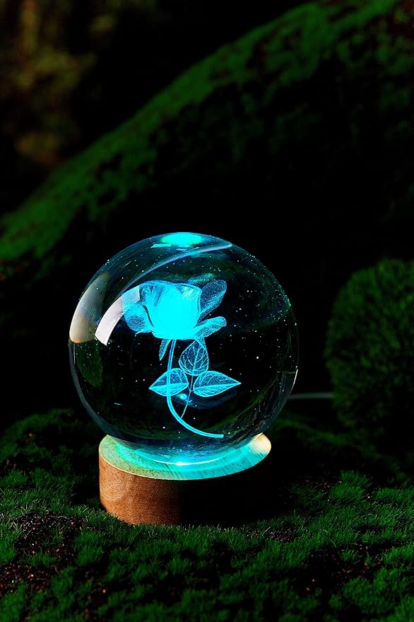 3D Rose Crystal Ball Lamp,3.15 inch Crystal Ball Night Light with Wooden Base,16 Colors Changing Light,Dimmable Remote Control,Rose Flower Desk lamp (G)
