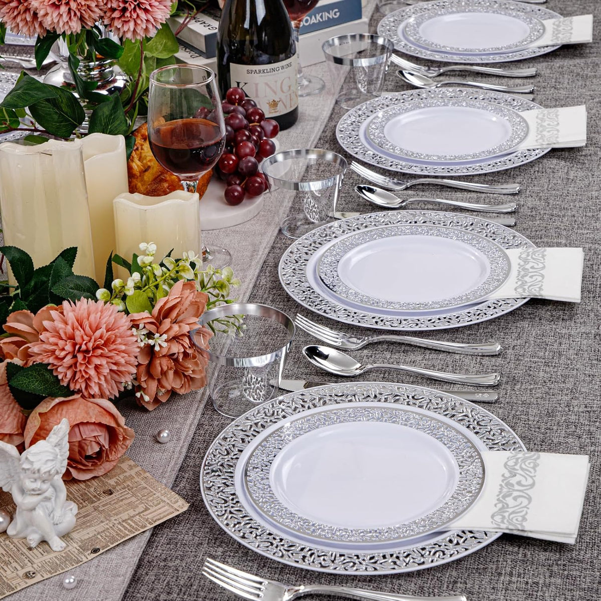 WELLIFE 210pcs Dinnerware Set - Silver Rimmed Plastic Plates Disposable Heavy Duty, Disposable Plastic Plates with Silver Rim, Water-proof, Break-proof, Best Choice for Any Party