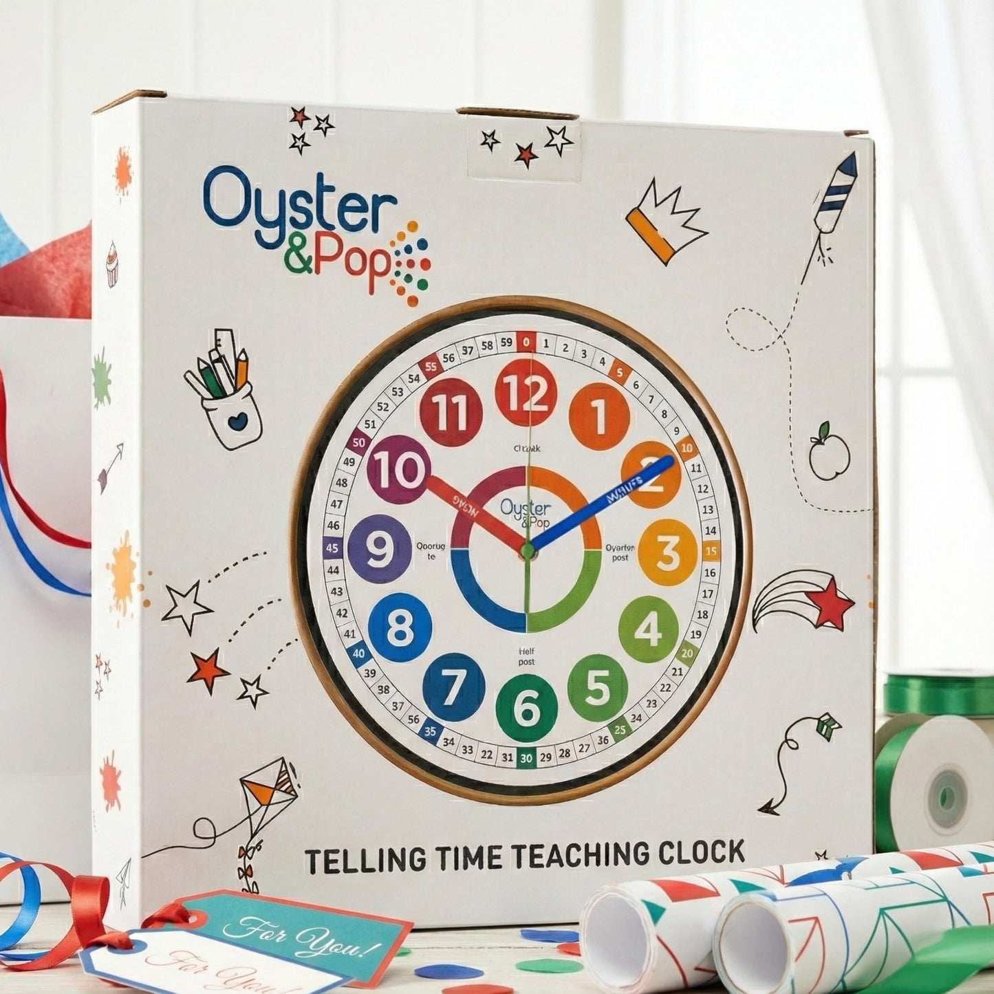 Oyster&Pop Kids Clock β Silent 10" Analog Learning Wall Clocks - Award-Winning Telling Time Teaching Clock for Kids - Bedrooms Homeschool & Classrooms - Includes eBook