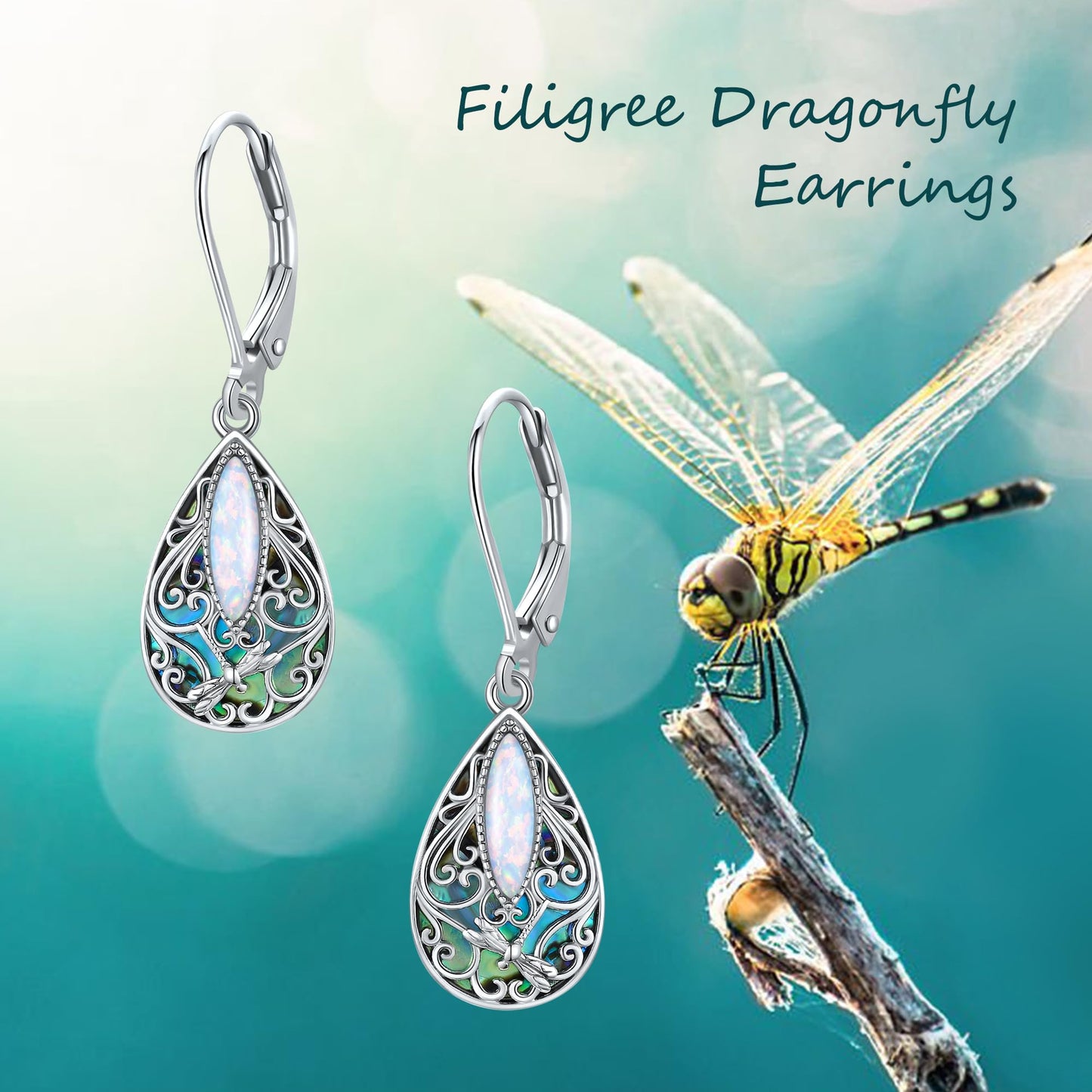 Dragonfly Filigree Earrings Sterling Silver Teardrop Opal Filigree Leverback Earrings Gifts for Women Jewelry