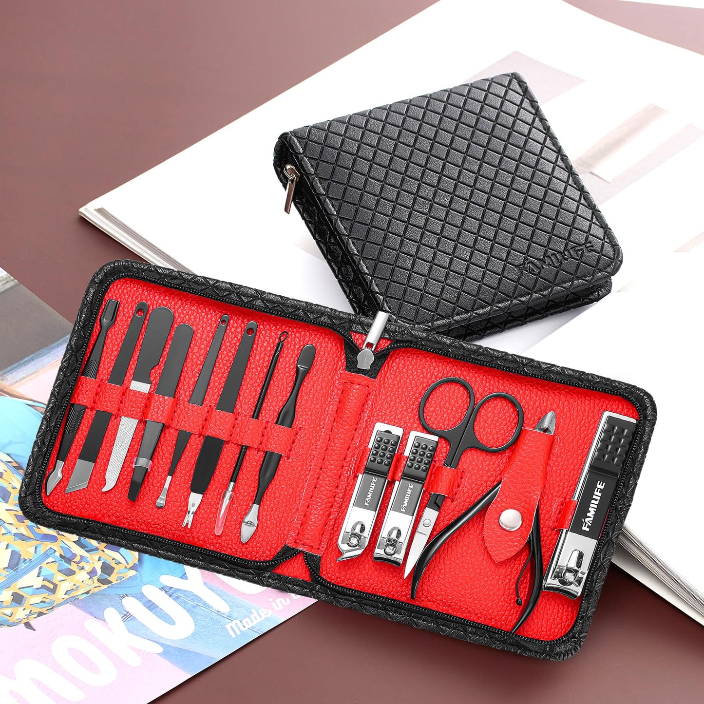 FAMILIFE Nail Kit, Professional Manicure Set Manicure Kit Nail Clipper Set, 13 in 1 Stainless Steel Pedicure Sets Clipper Tool, Men Grooming Tool with Portable Black Leather Travel Case for Him