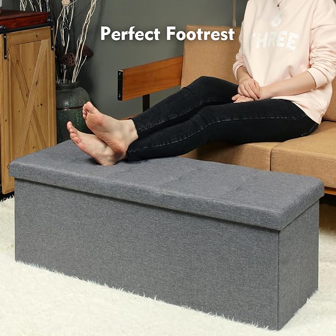 PINPLUS Folding Storage Ottoman Bench, Grey Linen Long Ottoman Chest Foot Rest Stool with Padded Seat, Chest with Tray, Bedroom Bench with Storage, 43.3inches