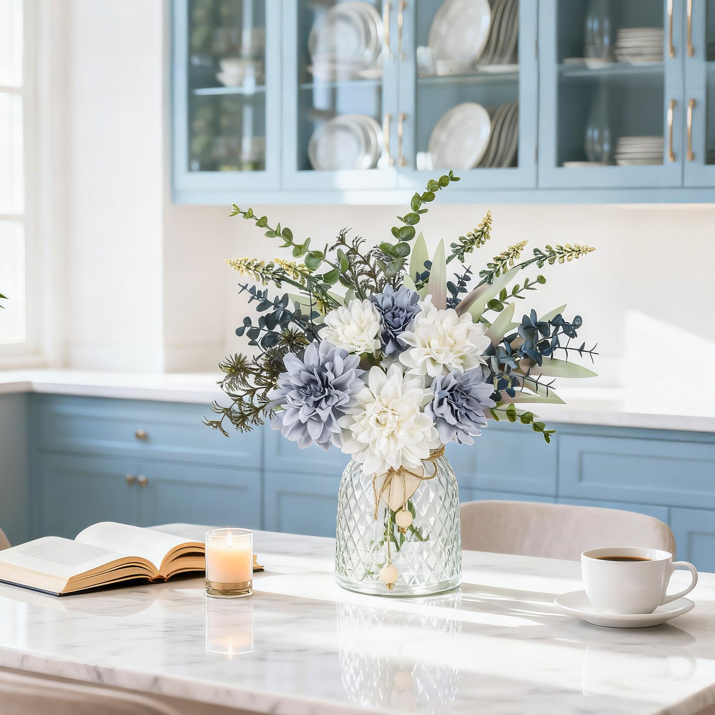 Der Rose Fake Flowers in Vase Silk Artificial Navy Blue Flowers Arrangements with Glass Vase for Dinning Coffee Table Centerpieces Home Kitchen Farmhouse Wedding Decor