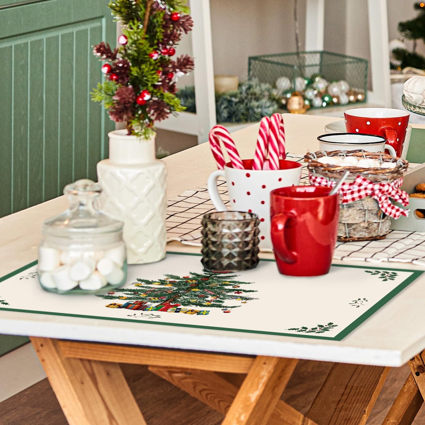 50 Pack Christmas Paper Place Mats Vintage Xmas Tree Gift Box Santa Placemats 11 x 17 Inch Retro Table Mats for Winter Holiday Birthday Dinner Table Setting