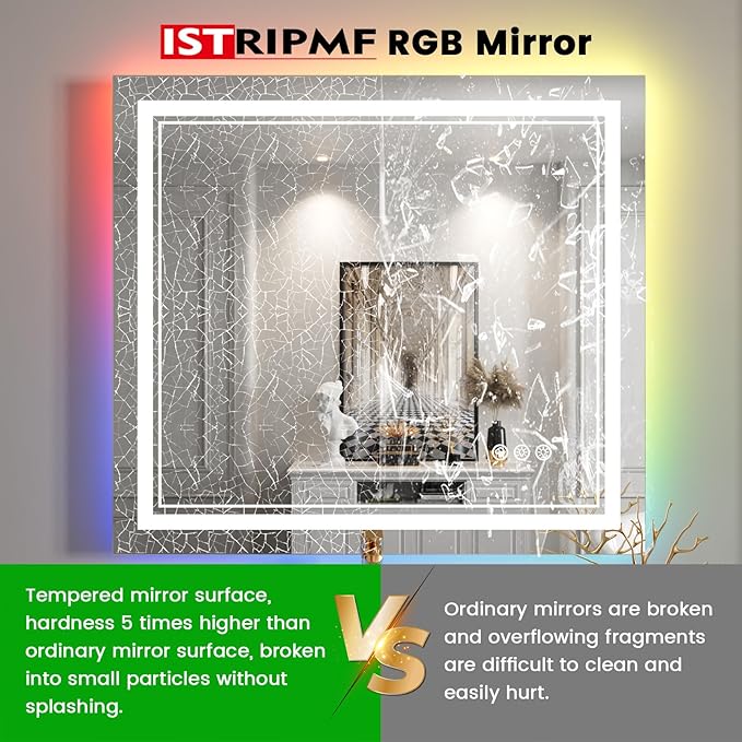 44x30 inch LED Bathroom Mirror with RGB Lights, Color Changing Backlit Mirror, Shatterproof, Dimmable Anti-Fog, Lighted Vanity Mirror (RGB Multicolor Backlit + Adjustable Front-Lighted)