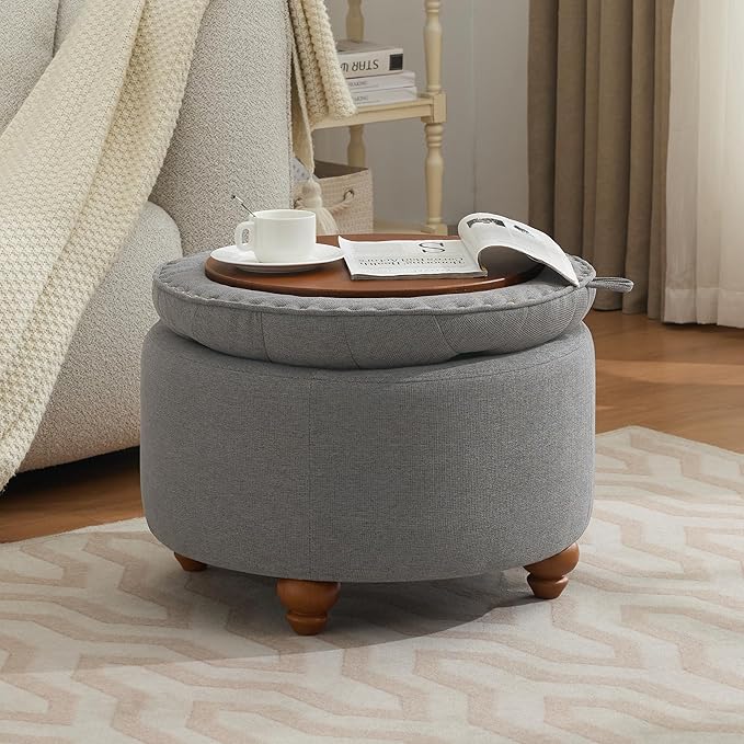 24Inch Round Storage Ottoman with Tray, Modern Tufted Fabric Circle Coffee Table with Storage, Upholstered Ottoman with Removable Top for Living Room, Bedroom, Light Grey