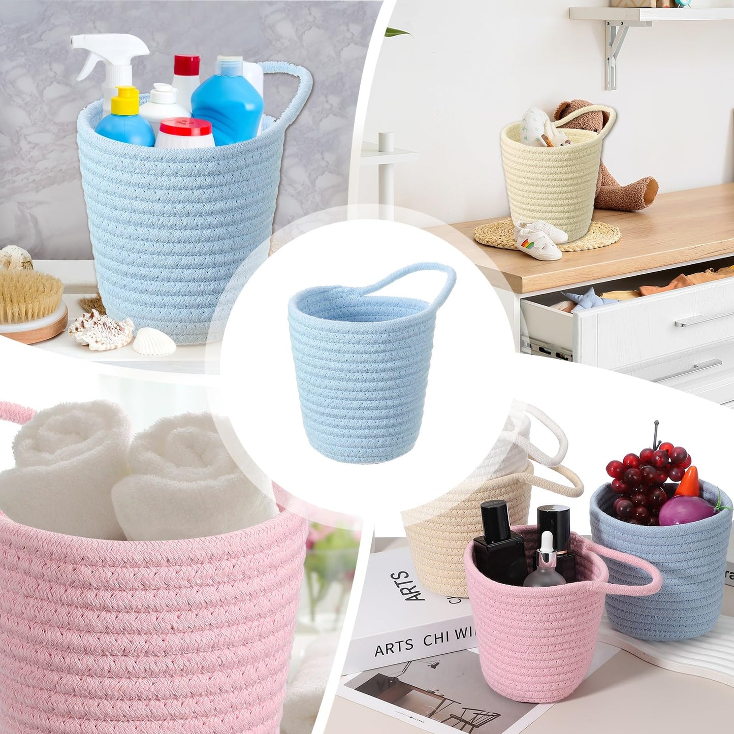 uxcell Blue Small Cotton Rope Woven Storage Basket, Shelf Closet Storage Gift Woven Baskets Cute Nursery Box Bin Decor Organization Bin for Home Supply, Round with Handle, 5.6x5.6