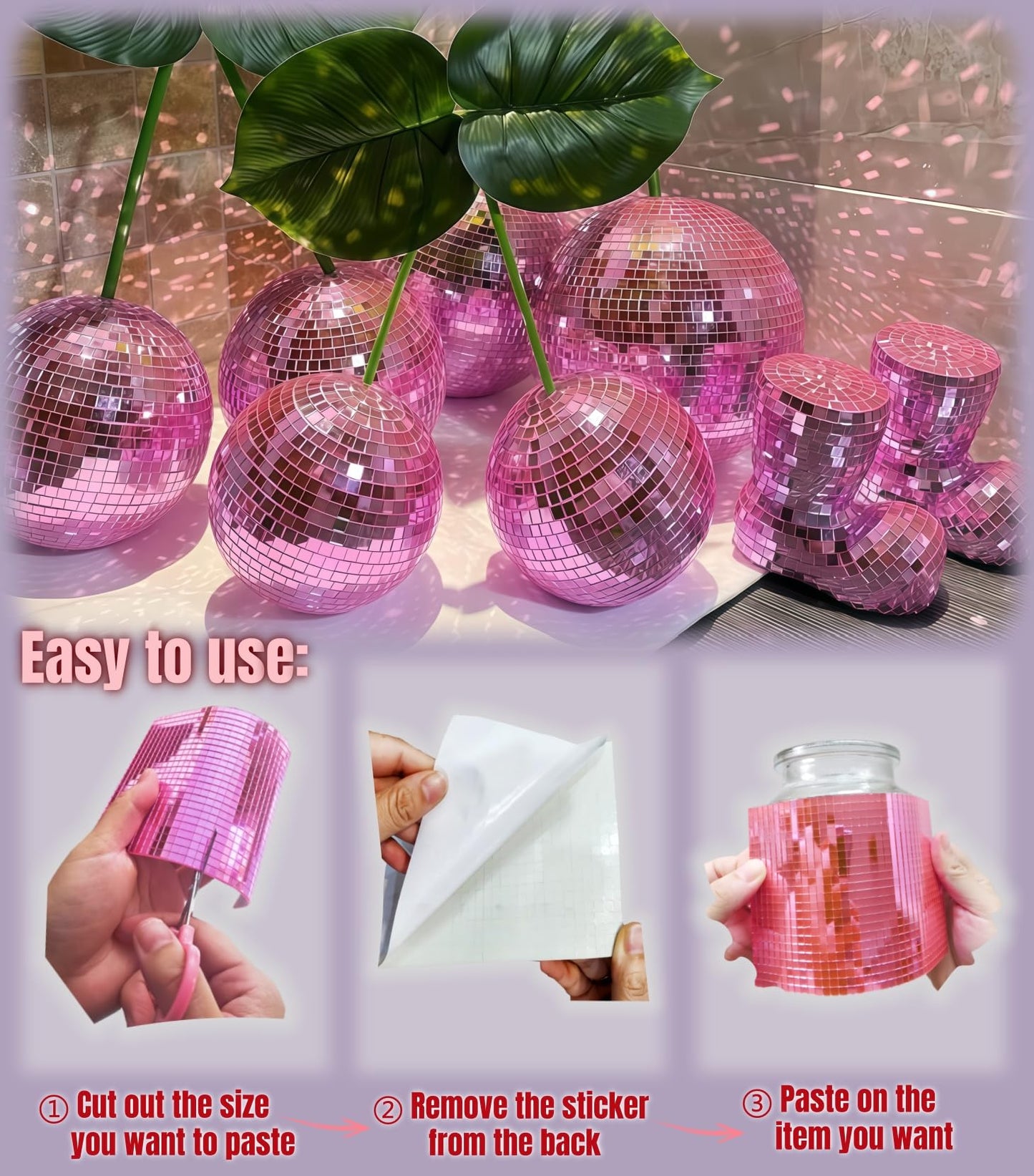 AIVS 22200pcs Mirror Mosaic Tiles,4 x 4mm Disco Tiles Self Adhesive,Tiny Mirror Tiles for Crafts,Disco Ball Stickers for DIY Party Decoration(Pink)