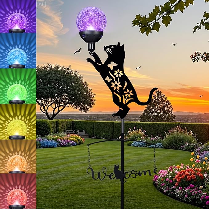 GIBMIDSER Solar Dog Light Outdoor Decorative,Metal Black Dog&Cat Silhouette Solar Garden Stake,Multi-Colored Changing Glass Ball with LED Light,Welcome Yard Sign Lawn Ornament Decor Gifts for Women