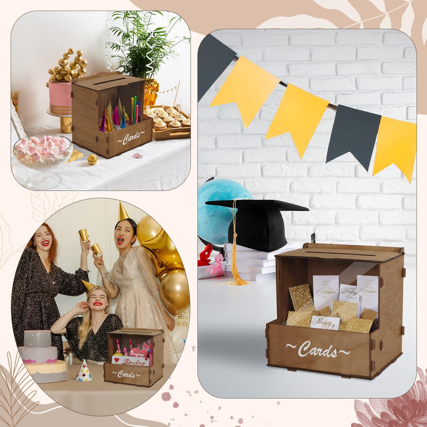 OurWarm Wooden Wedding Card Box with Flower Trough, Brown Gift Card Box for Wedding with Acrylic Board, Wedding Card Boxes for Reception Rustic Wedding Decor for Graduation Baby Showers Birthday Party