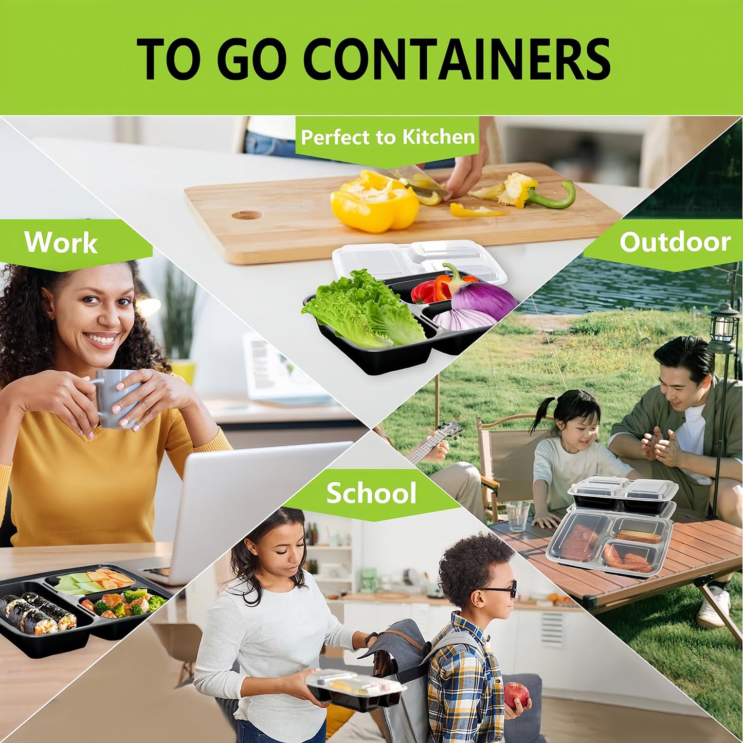 NutriBox 32oz Meal Prep Containers 3 Compartment Food Container with Lids 15 Pack, Durable Reusable Snack Box Containers, Microwaveable Food Storage Containers Lunch Containers for Women and Men