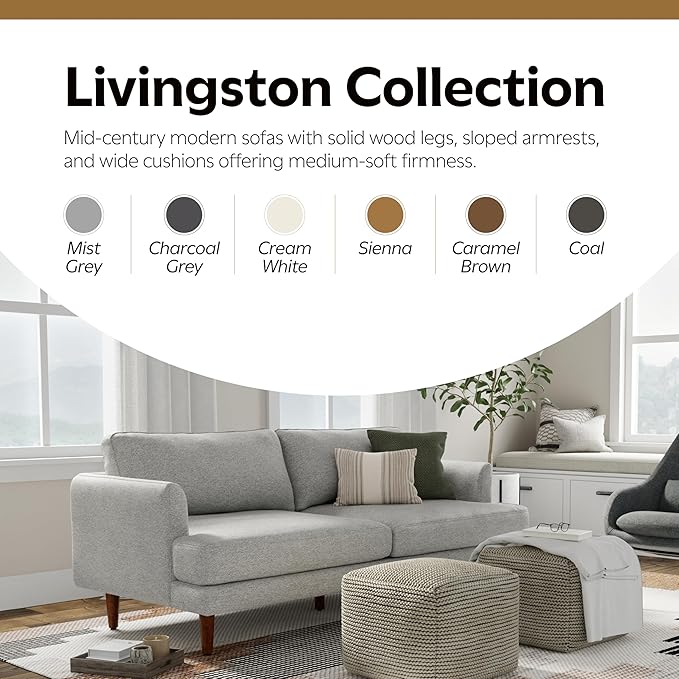 SIMPLIHOME Livingston 76-inch Wide Sofa in Mist Grey Woven-Blend Fabric, Handcrafted Loveseat Couch for Living Room or Family Room, Mid-Century Modern Style, Solid Wood Frame