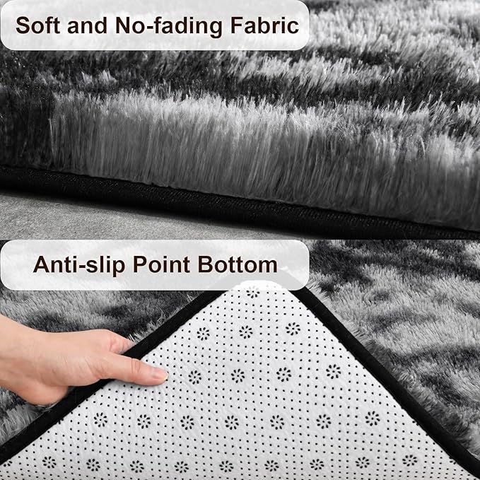 TWINNIS Super Soft Shaggy Rugs Fluffy Carpets 6x9 Feet, Indoor Modern Plush Area Rugs for Living Room Bedroom Kids Room Nursery Home Decor, Upgrade Anti-Skid Fuzzy Rug, Black and Grey