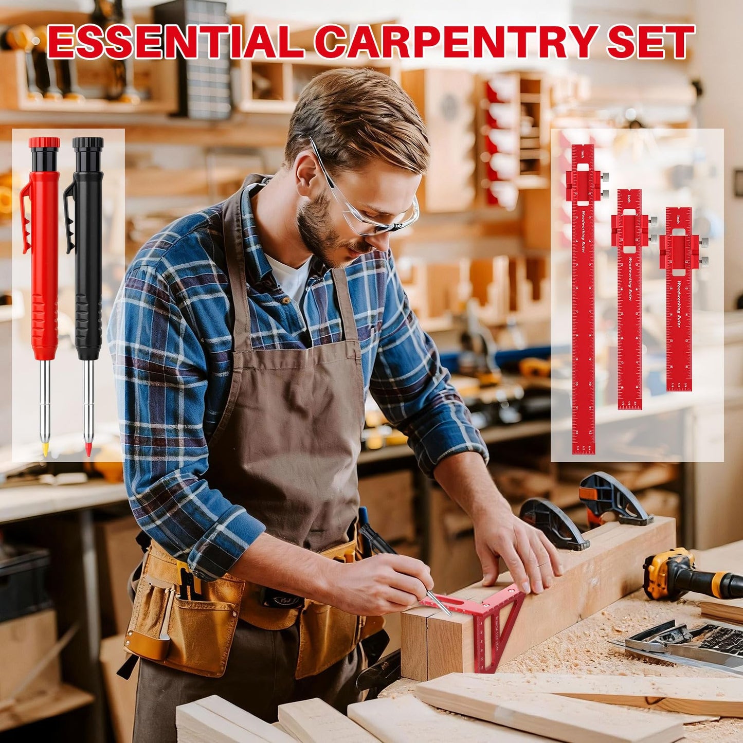 Relaxweex 32 Pack Woodworking Ruler Precision Metal Slide Rule 3D Multi-Angle Measuring Ruler Miter Triangle Rule and Mechanical Carpenter Pencils with Sharpener for Carpenters Craftsmen Builders