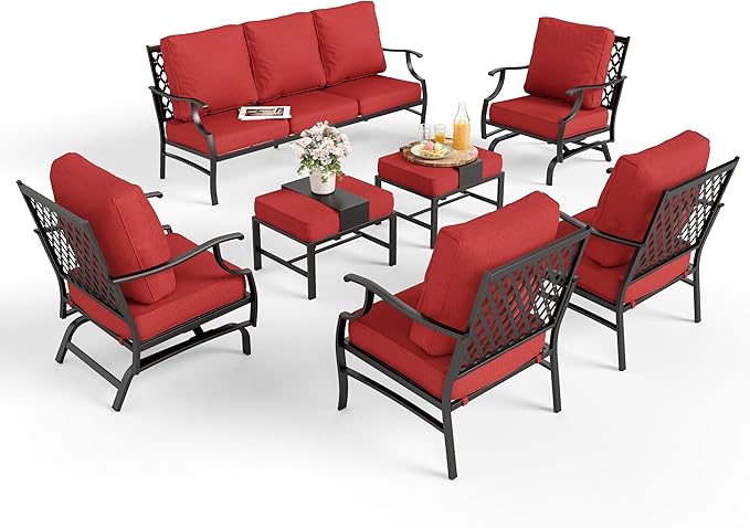Patio Furniture Set 7 pcs, Outdoor Patio Furniture, 3-Seat Sofa, 2 Single Chairs, 2 Rocking Chairs, 2 Ottomans and 5.75" Extra Thick Cushion, Patio Conversation Set for Backyard Deck,Red
