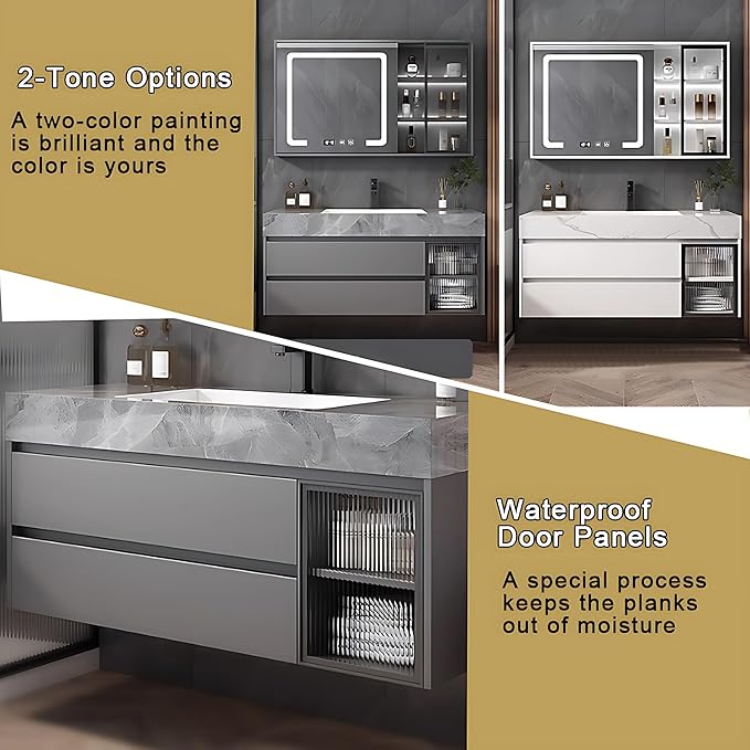 Gray 28IN Modern Bathroom Vanity - Wall-Mounted Bathroom Storage Cabinet & Bathroom Vanity with Sink, Bathroom Medicine Cabinet Wall Mounted, Defogging & Led Lighting | Bathroom Cabinet Slim