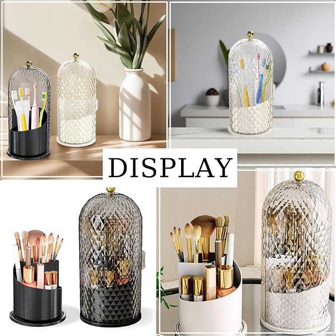 Multifunctional Rotating Toothbrush Holders with Sliding Lid, The 3-Slot Bathroom Countertop Vanity Organizer Perfect for Tooth Brush, Toothpaste, and Makeup Brushes Holder Storage (Black)