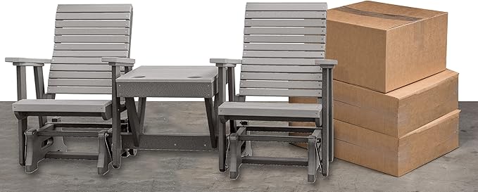 DutchCrafters Modern Horizontal Slat High Back Poly Double Glider Chairs with Center Table Outdoor Patio Furniture (White & Cedar)