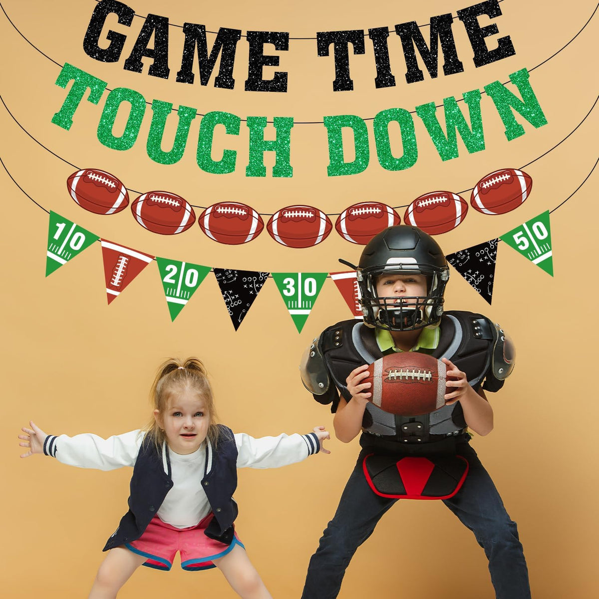 Game Time Touch Down Football Banner - Pre-Strung 9.8ft Strands Football Party Decorations for Birthday Parties