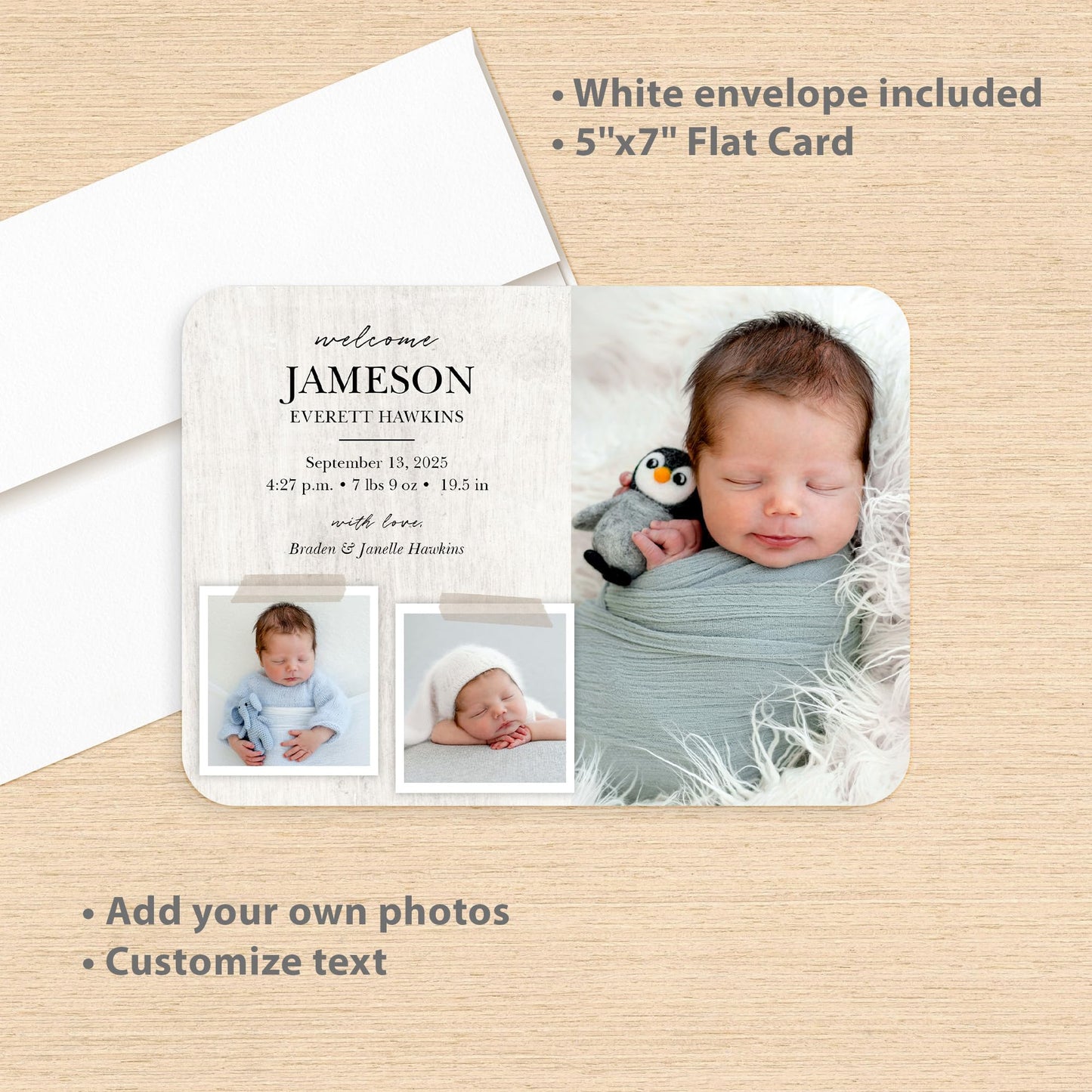 Let's Make Memories Personalized Baby Announcement Cards - Birth, Adoption - Boy, Girl - Premium Quality Custom Photo Cards for Mailing - 5x7 - Includes White Envelopes - Rustic Collage - 75 ct