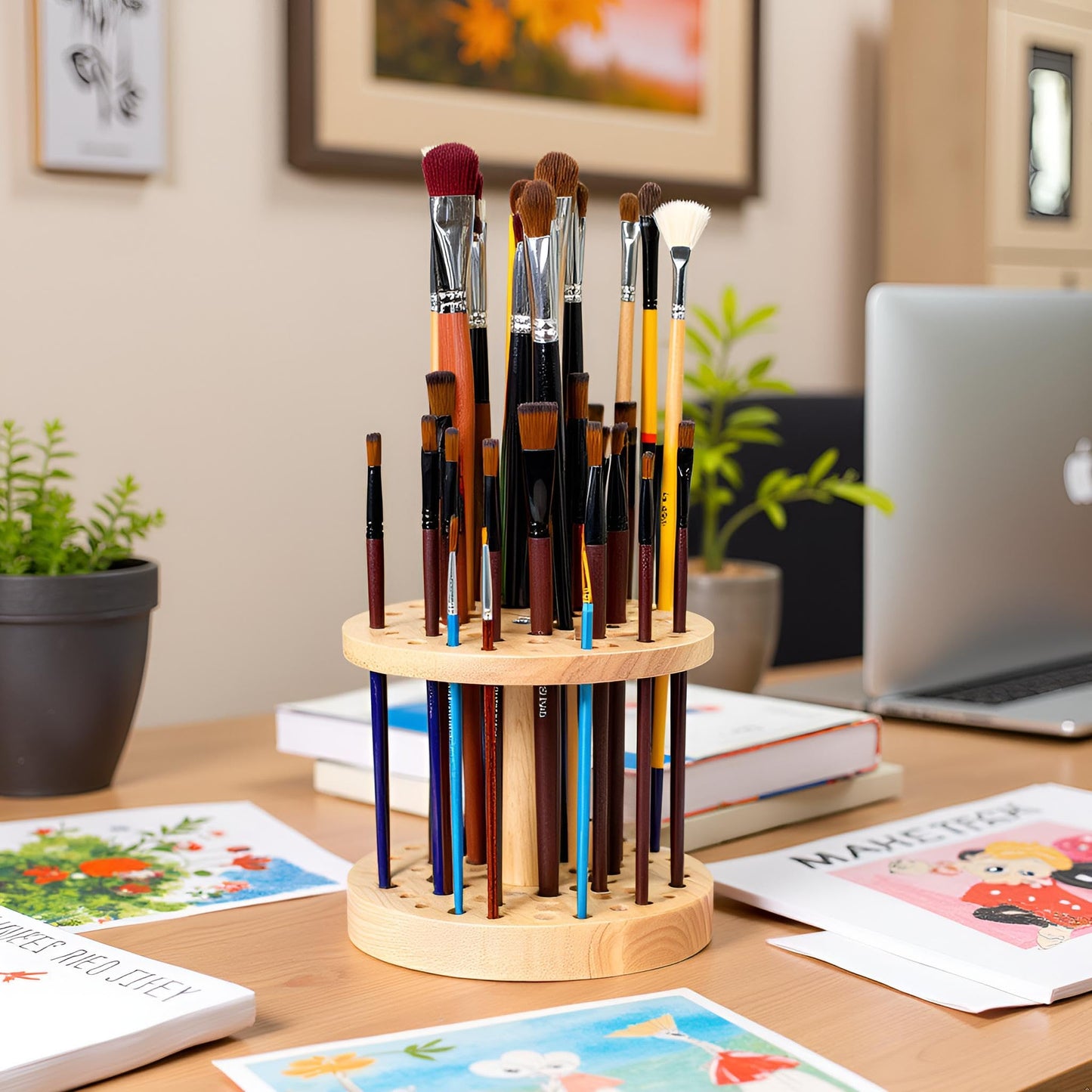 Dlicoda 52 Holes Paint Brush Holder, 360° Rotating Paint Brush Organizer, Hardwood Storage Stand Rack for Artists Brushes, Crafts Tools, Makeup Brush, Calligraphy Pens