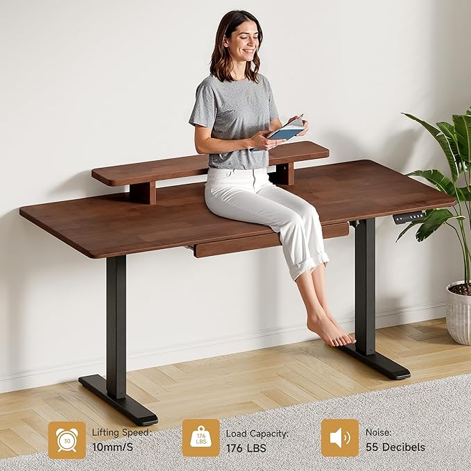 ONBRILL Standing Desk with Drawer, 55x23.6 Inches Solid Wood Desktop Stand Up Desk with Whole-Piece Board and Storage Shelf, Adjustable Height from 28-46 Inches for Home & Office, Black Walnut
