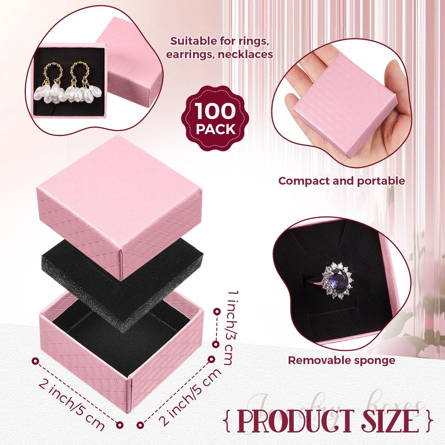 Landical 100 Pcs Jewelry Ring Gift Box 2'' x 2'' x 1'' Small Cardboard Earring Ring Gift Box with Velvet and Sponge Liner Pendant Case Bulk for Necklace Bracelet Earring Display Wedding (Pink)