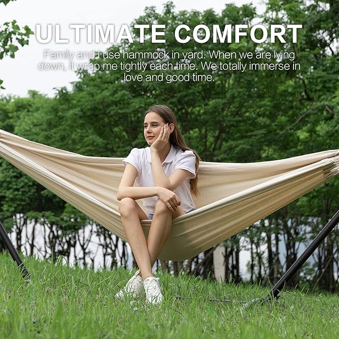 PNAEUT Double Hammocks with Stand for Outside, Portable Space Saving Heavy-Duty Steel Stand for Indoor Outdoor Patio with Carrying Bag, 450 lbs Capacity (Beige)