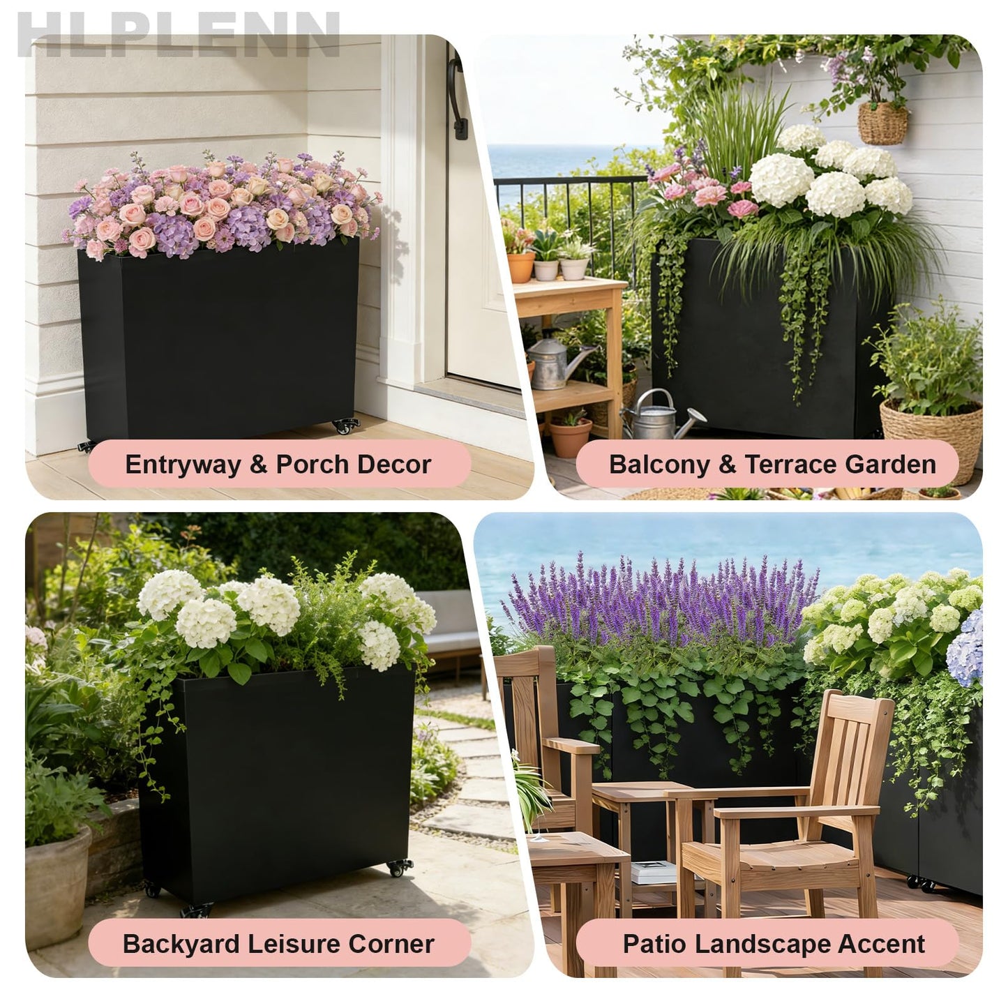 Hlplenn Tall Rectangular Metal Planter Box(36''L x 11''W x 30''H) with Wheels, Large Outdoor Rolling Planter for Patio & Garden, Modern Black Steel Planter Boxes Outdoor with Locking Casters