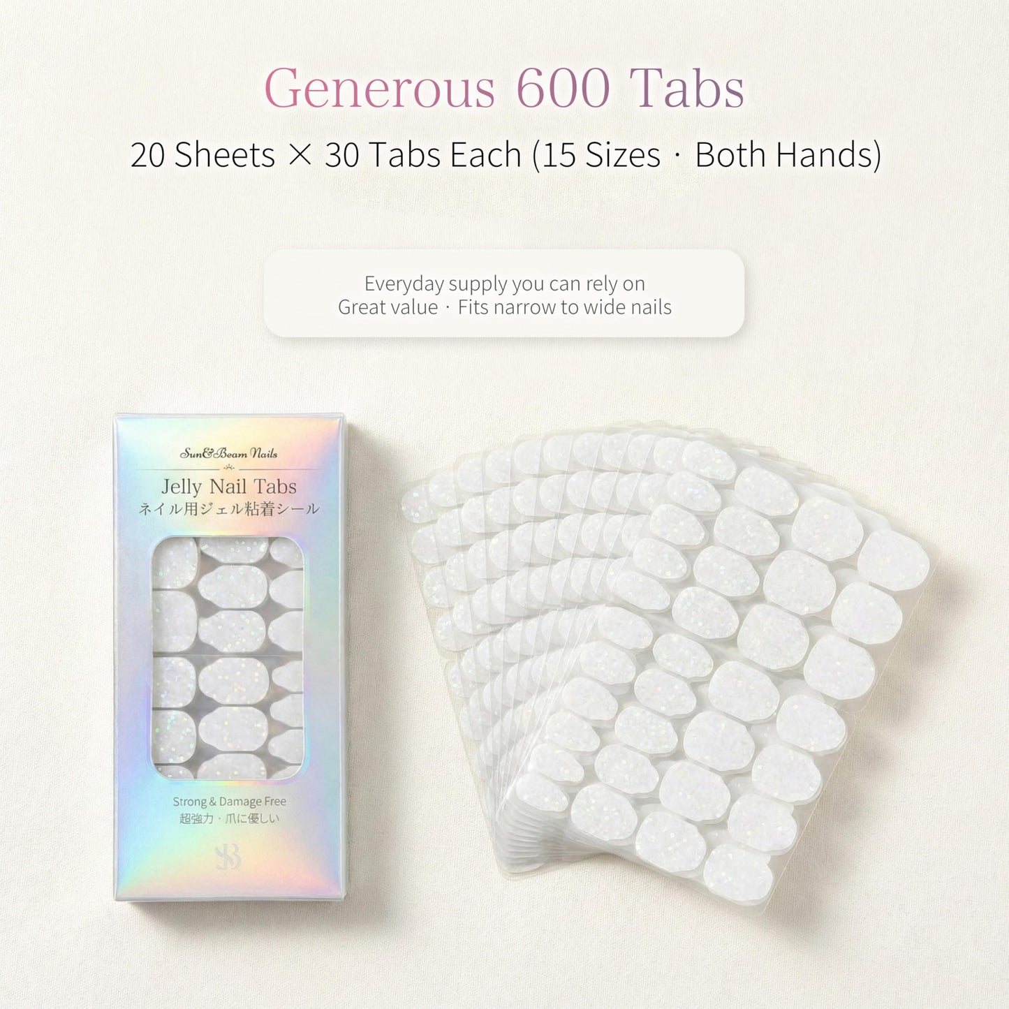 Sun&Beam Nails Jelly Nail Tabs Pro Max 15 Sizes Strong Adhesive Waterproof Double Sided Tabs for Press-On Nails 600 Pcs (for Most Nail Sizes)