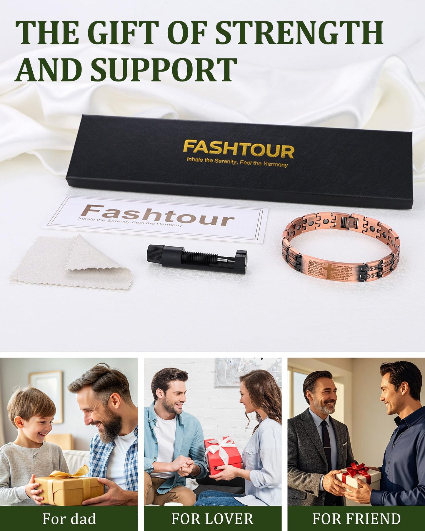 Fashtour Copper Cross Bracelet for Men, Ultra Strength Magnetic Jewelry, Rice-Ear Design Adjustable Copper Biblical Cross Bracelet with Sizing Tool & Box