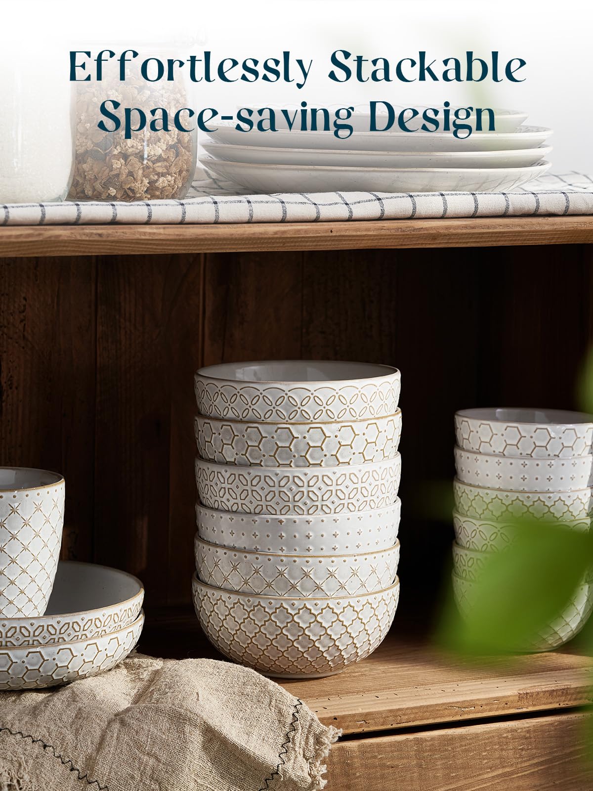DOWAN Soup Bowls Set of 6, 26 OZ Cereal Bowls for Kitchen, 6" Ceramic Embossment Bowl for Salad, Pho, Fruits, Rice, Large Bowls Decor & Housewarming Gift, Dishwasher & Microwave Safe