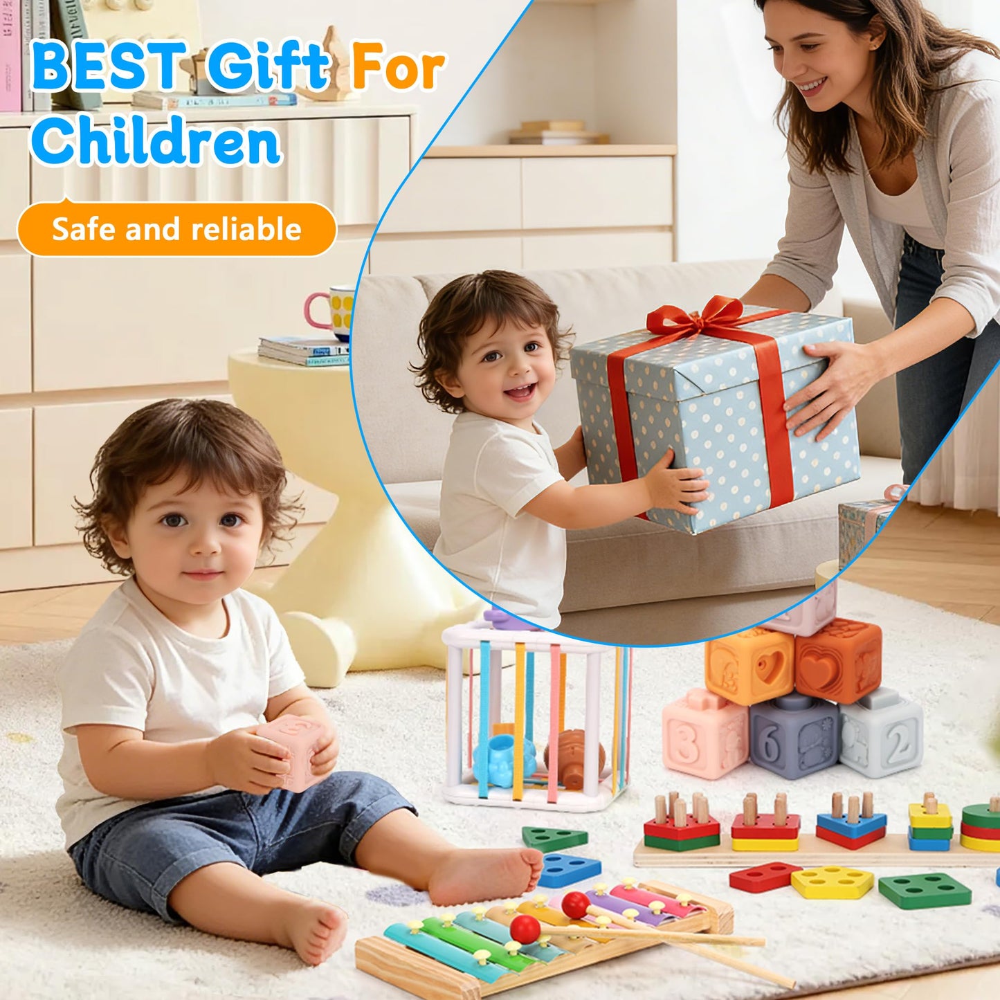 FlufiFiea Baby Toys for 6-18 Months, 5-in-1 Montessori Educational Toy Set with Soft Teething Toy Stacking Blocks Rings Sensory Bin, Sorting Sensory Educational Learning Gift for Toddlers Aged 1-3