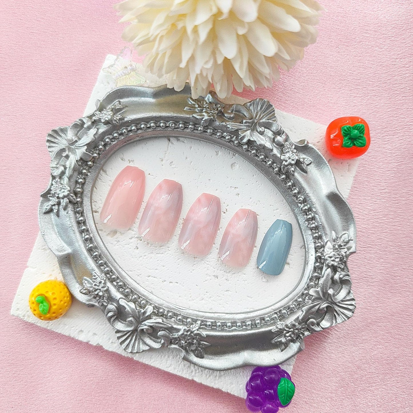 Short Press on Nails Coffin Fake Nails with Marble Designs Pink Nails Press ons Spring Summer Glue on Nails Glossy Acrylic Nails Blue False Nails Daily Wear Natural Stick on Nails for Women 24Pcs