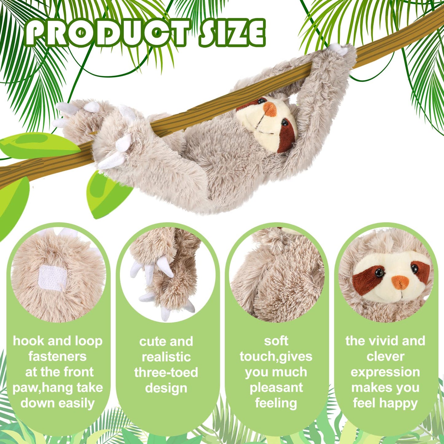 Yinder 3 Pcs Hanging Sloth Stuffed Animal 18 Inch Large Sloth Doll Plush Wild Three Toed Sloth Plush Soft Cute Sloth Gift with Hook and Loop Long Arm Leg for Huggable Birthday Party Favor Gift