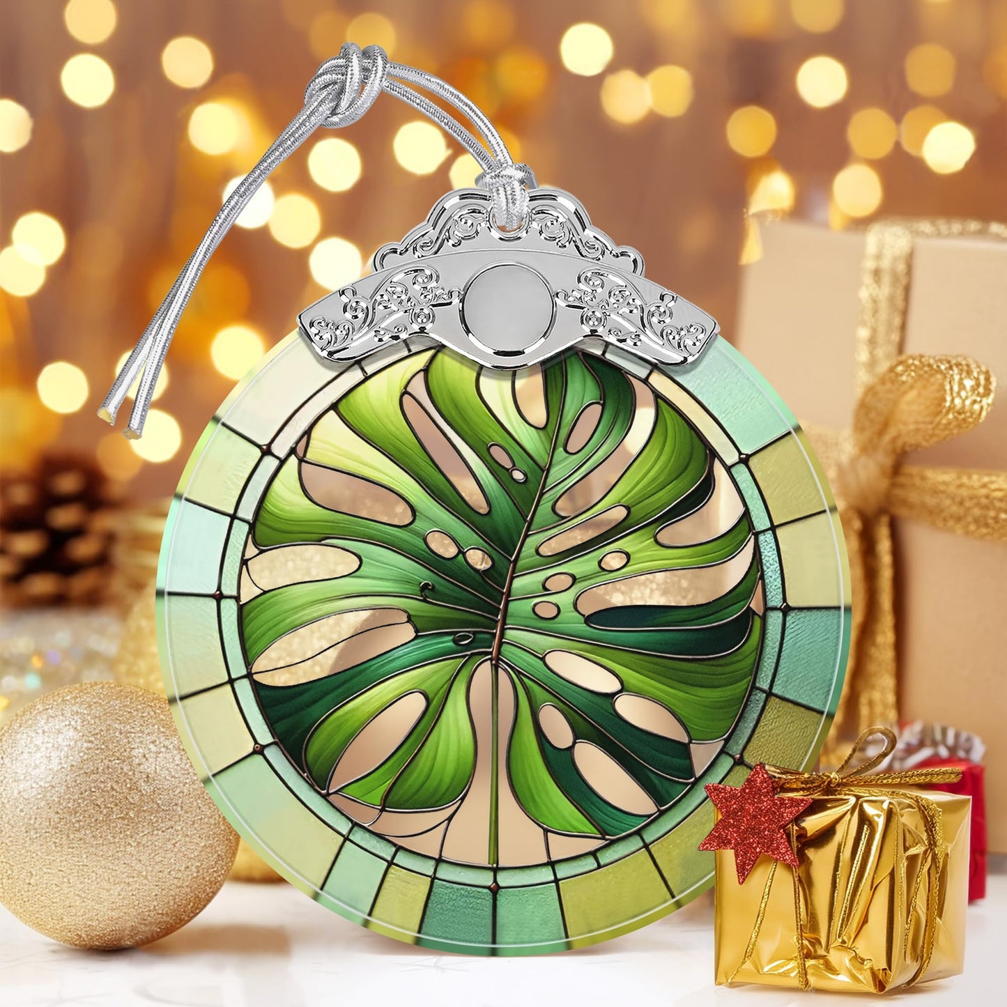 Monstera Leaf Stained Glass Ornament - Christmas Tree Decorations, Holiday Presents, Gift Exchange Ideas