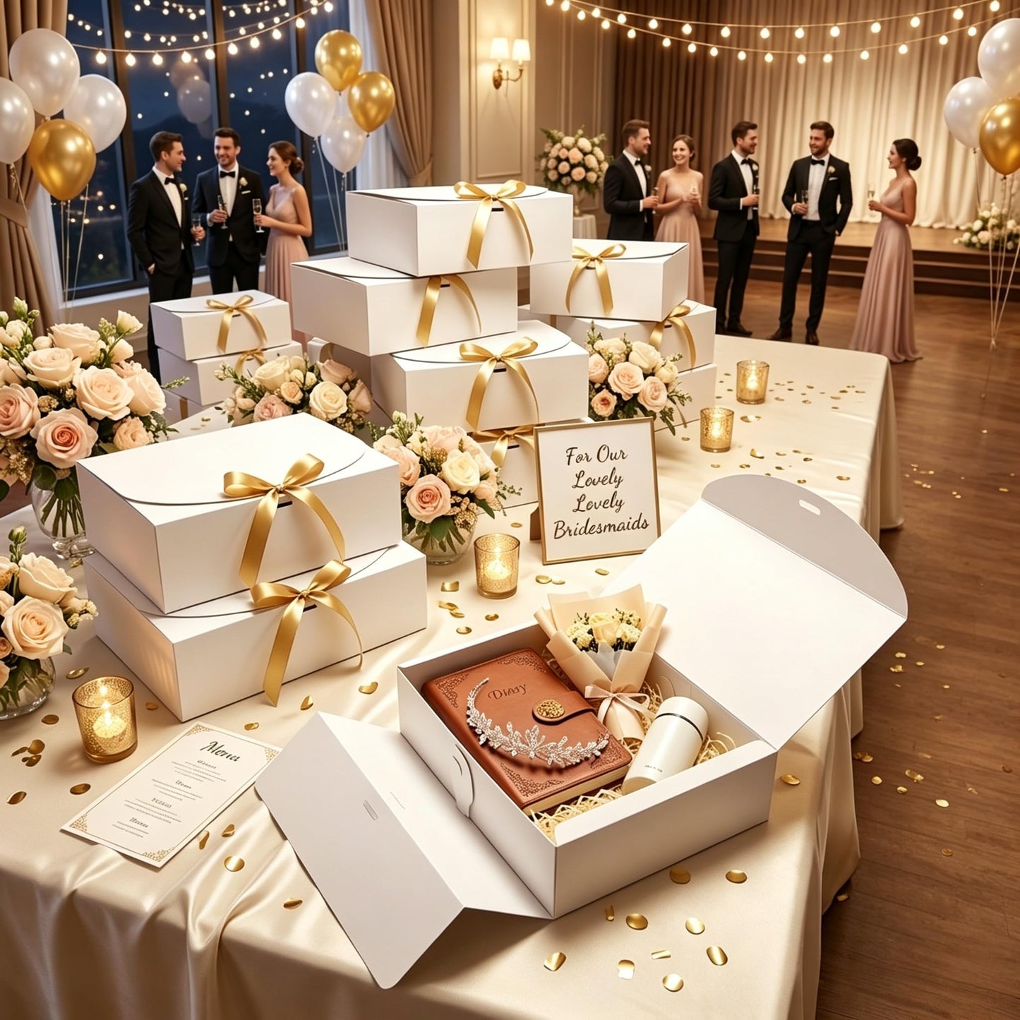 Treelement 10Pcs White Gift Boxes with Lids,10.6×7.8×3.1 Inch Bridesmaid Proposal Boxes with Ribbons and Stickers for Wedding Gifting,Birthday,Party Favors, Baby Shower,Return Gifts