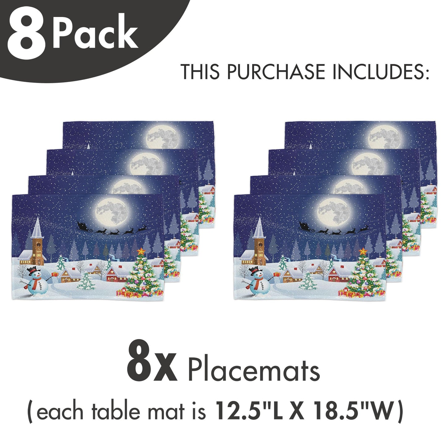 Ambesonne Christmas Place Mats Set of 8, Winter Season Snowman Xmas Tree Santa Sleigh Moon Present Boxes Snow and Stars, Washable Fabric Placemats for Dining Table, Placemat 8 pcs, White Blue