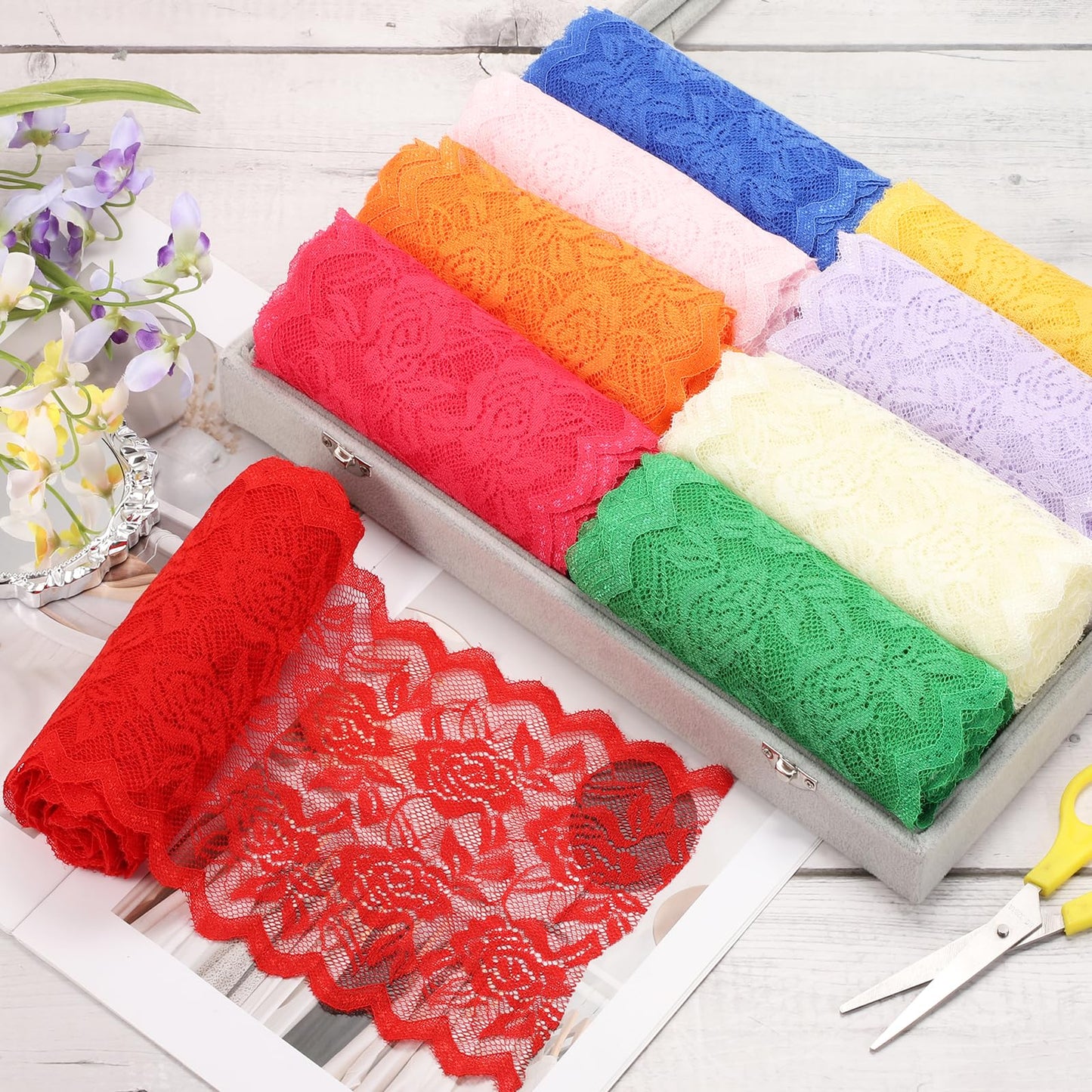 MECCANIXITY 6 Inch Wide 11 Yard Lace Ribbon Floral Pattern White Lace Trim Ribbon for Sewing Making, and DIY Crafts, Gift Wrapping, Bouquets, Wedding Decor