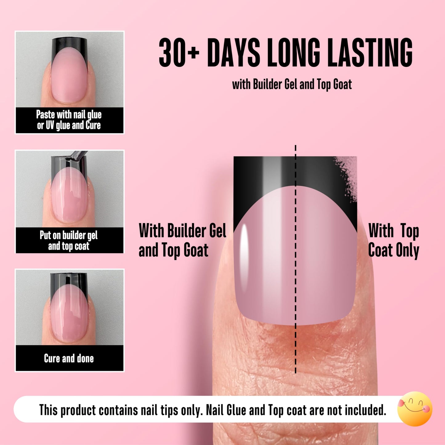 NOVO OVO Short Sharp Square Black French Tip Nail Tips Press on BERRY PINK, Extra Thick NEED Nail Glue Builder Gel Top Coat, Soft Gel Full Cover Fake Flase Nail Extension for DIY x 15 Sizes 240 pcs