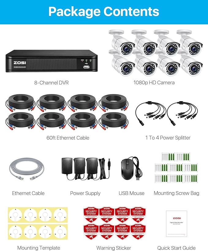 ZOSI 1080p H.265+ Security Camera System for Home, 5MP Lite 8 Channel CCTV DVR and 8 x 1080p Weatherproof Bullet Cameras Outdoor Indoor with 120ft Night Vision and 105°Wide Angle (No HDD Included)