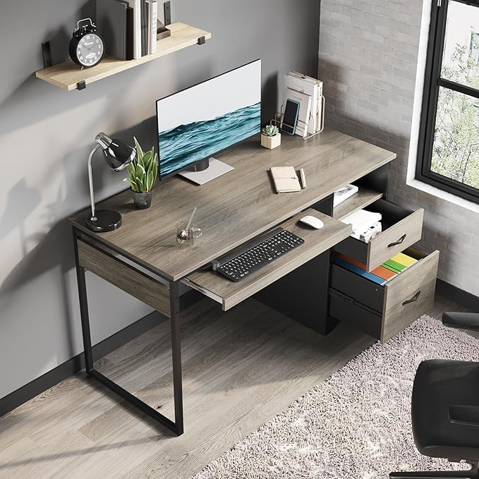 Bestier 48” Computer Desk with Drawers, Office Desk with Storage, Industrial Wood Writing Desk with File Drawer, Keyboard Tray & 2 Hooks for Home Office & Studio, Gray